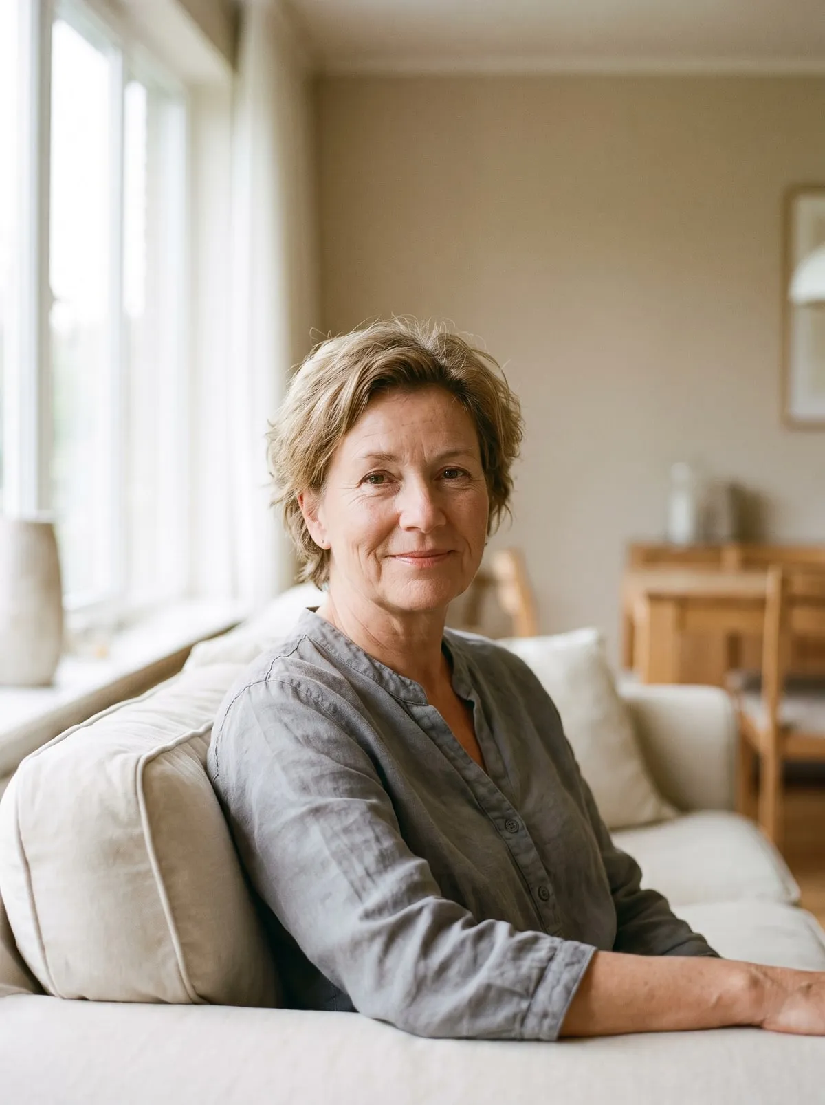 Claire Vidal, assise, souriante, regardant l’objectif.