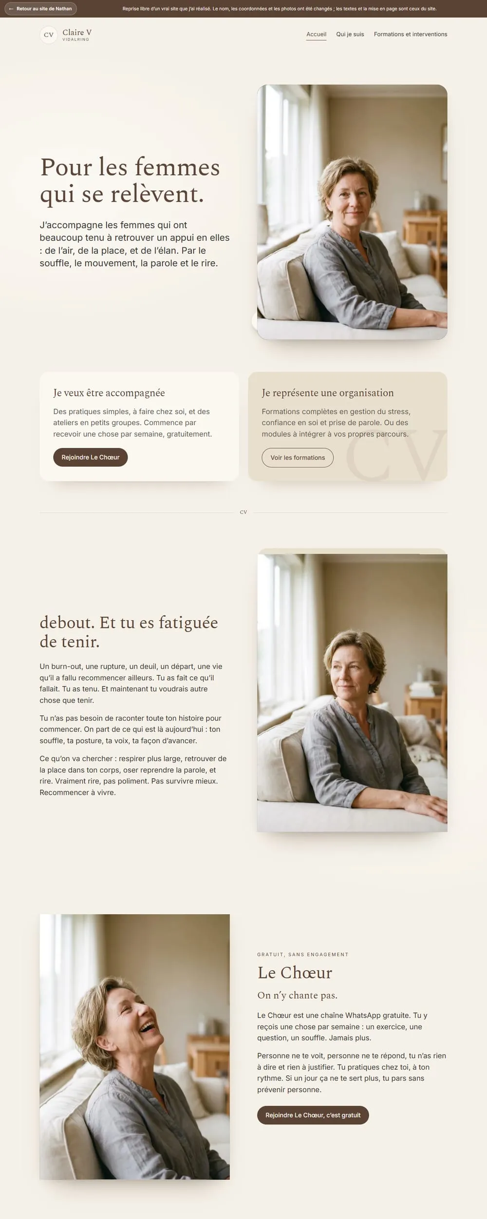 Le site Reprise d’un site d’accompagnante, de haut en bas