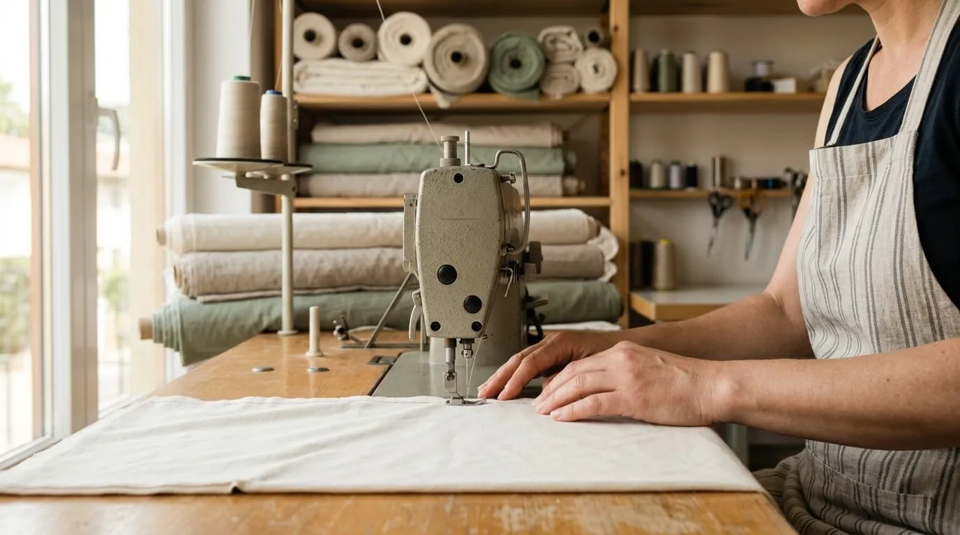 L’atelier au Portugal : les mains d’une couturière guident un jersey écru sous la machine, des rouleaux de tissu écru et sauge sur les étagères