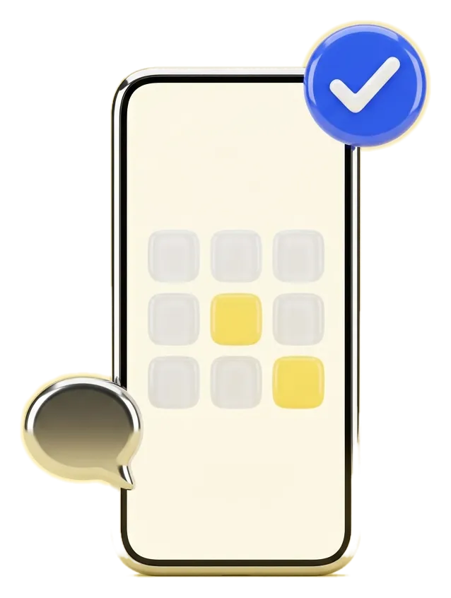 Un téléphone chromé à l’écran vide ; des cases d’agenda se posent en grille, avec une coche bleue et une bulle de SMS.