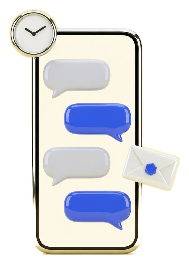 Un téléphone chromé ; des bulles de conversation arrivent une à une, avec une horloge et une enveloppe.