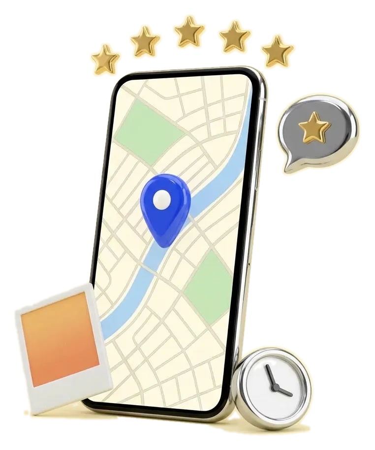 Un téléphone chromé avec une carte de Toulouse ; une épingle bleue, cinq étoiles, une photo, une horloge et une bulle d’avis viennent s’y poser.