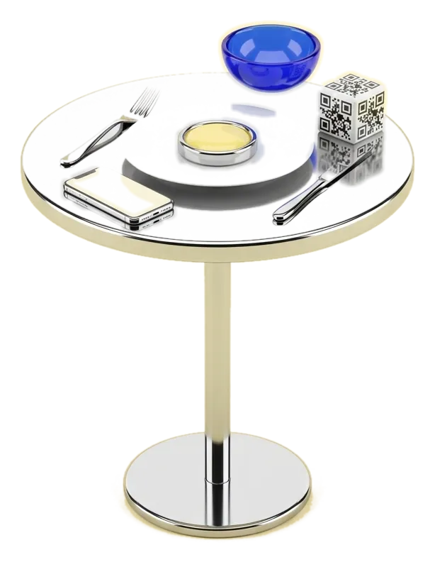 Une table de restaurant chromée avec une assiette ; un cube QR, une tarte, un bol bleu et un téléphone viennent s’y poser.