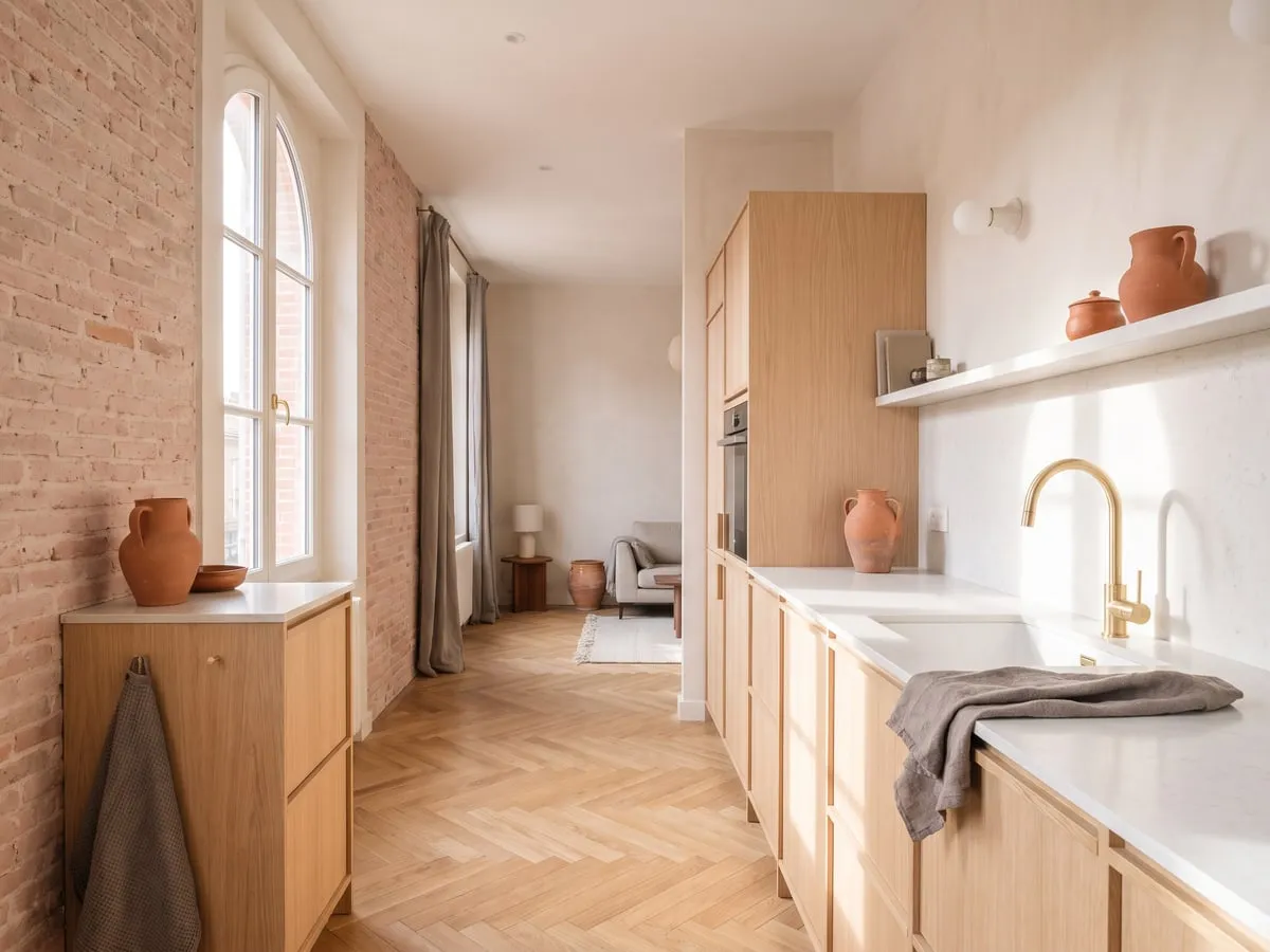 Cuisine ouverte aux façades en chêne clair, plan de travail en pierre blanche, parquet à chevrons