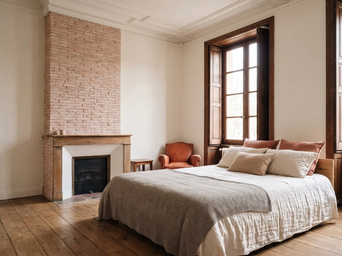 Chambre principale aux moulures hautes, linge de lit écru, cheminée en brique rose