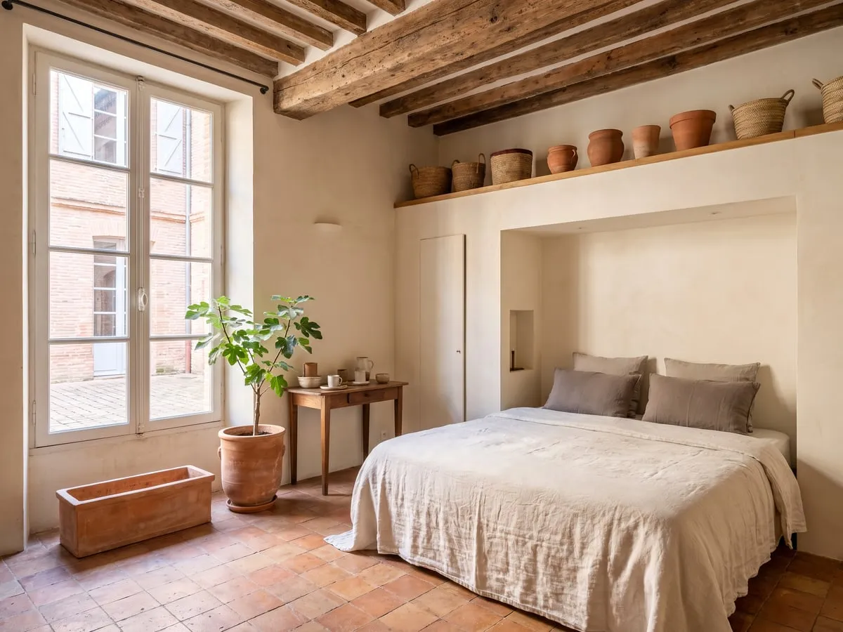 Studio avec poutres apparentes, lit en alcôve et grande fenêtre sur une cour pavée
