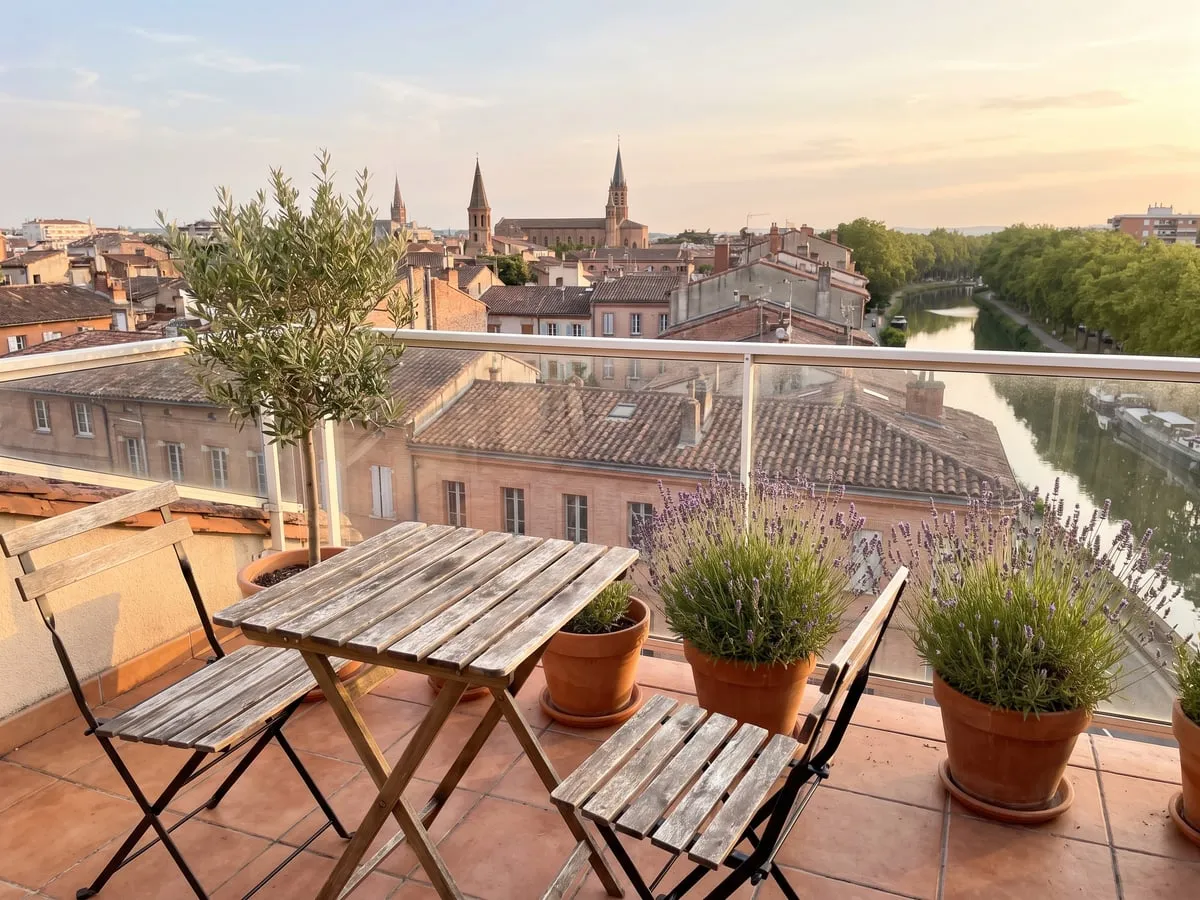 Terrasse d’appartement avec table en bois, plantes en pot et vue dégagée sur les toits de Toulouse