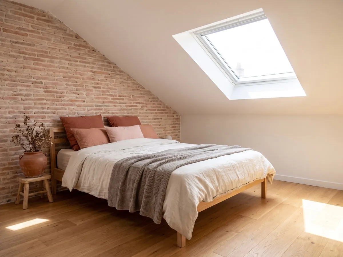 Chambre claire sous les toits avec fenêtre de toit, murs blancs et parquet clair