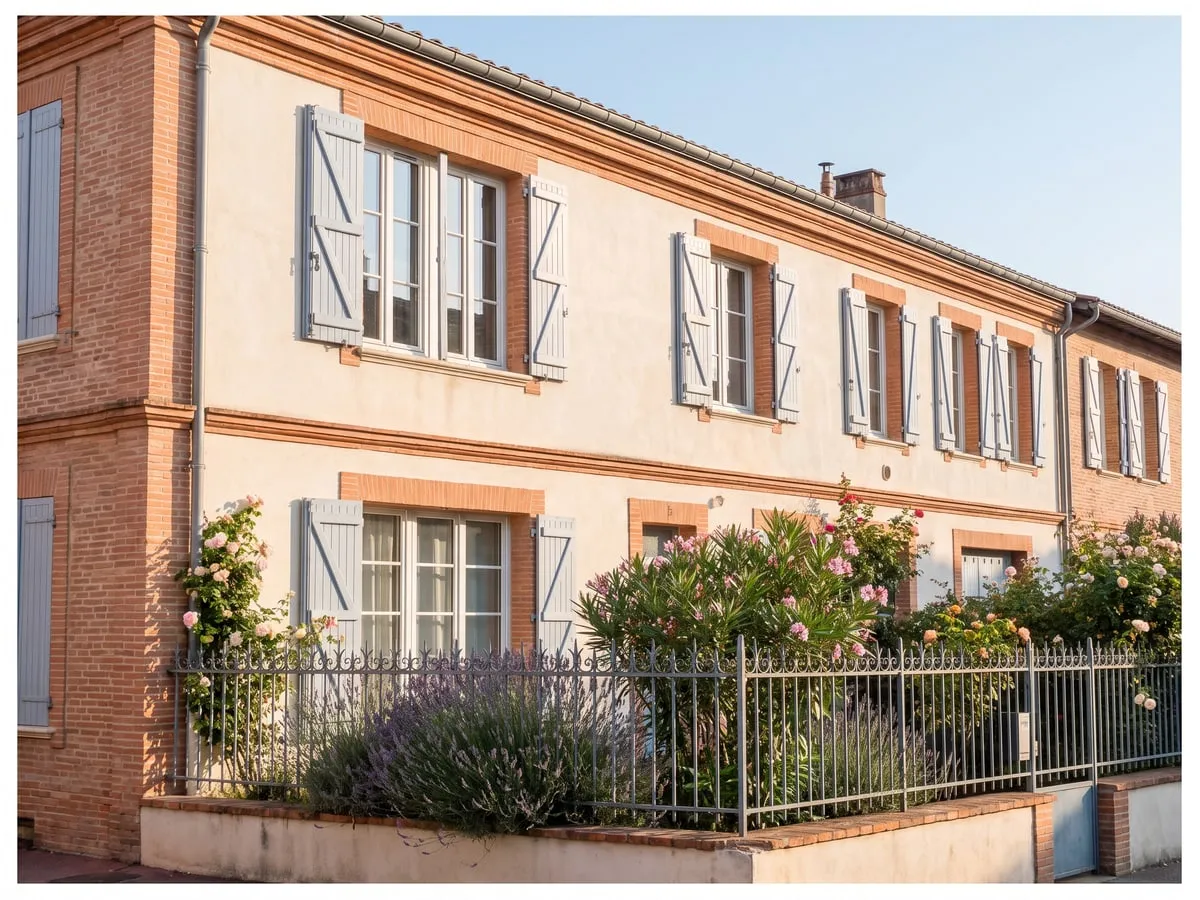 Façade de maison toulousaine en brique rose avec volets clairs et petit jardin fleuri