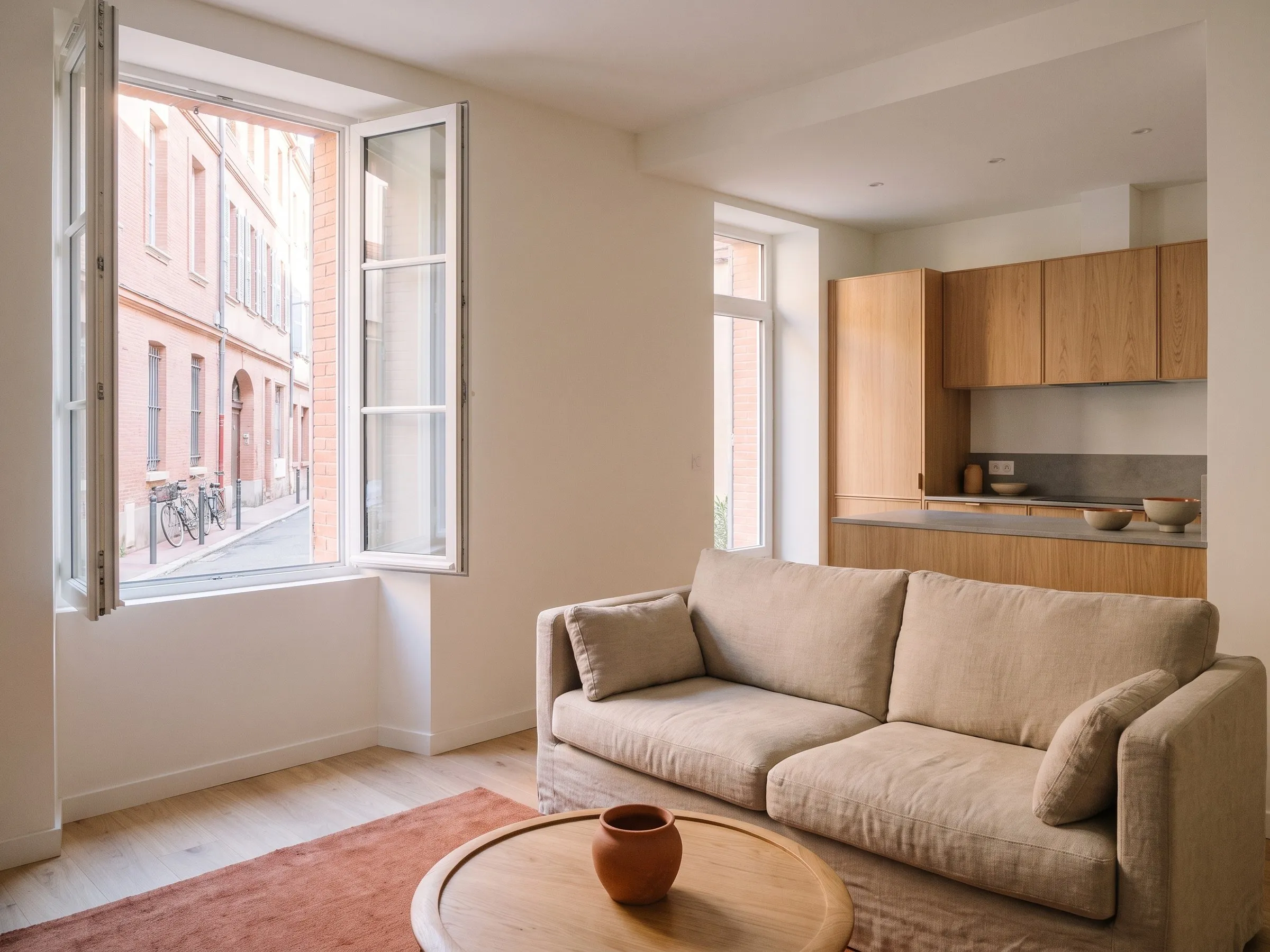 Petit salon clair aux murs blancs, canapé beige et fenêtre ouverte sur une rue calme