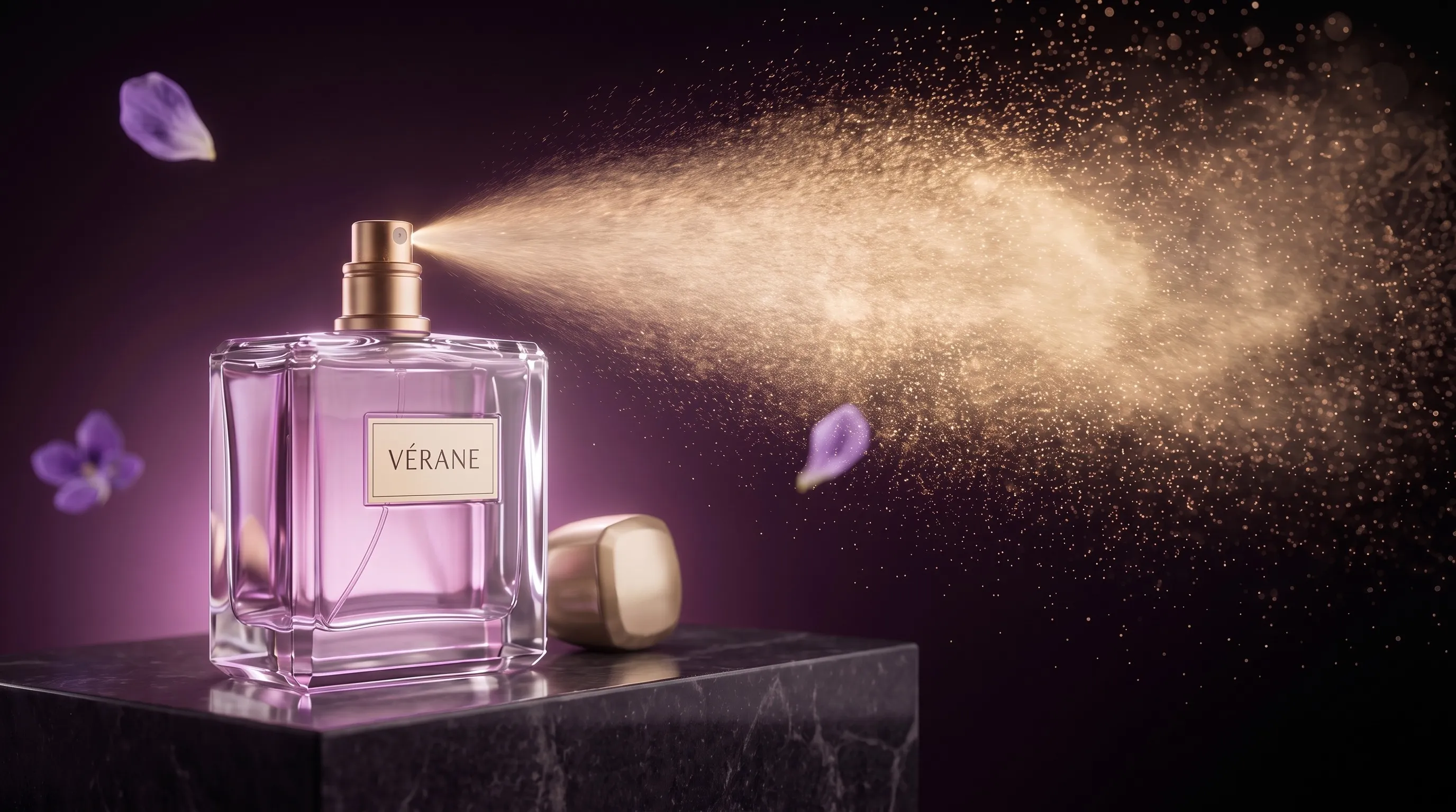 Le flacon de Violette de Minuit vaporise une brume dorée ; dans la brume flotte une goutte plus grosse que les autres