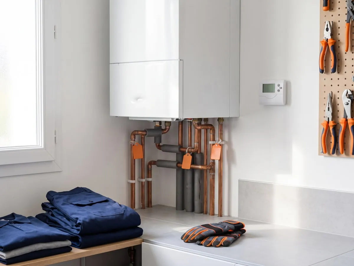 Chaudière murale neuve, tuyauterie alignée et étiquetée, thermostat posé à côté