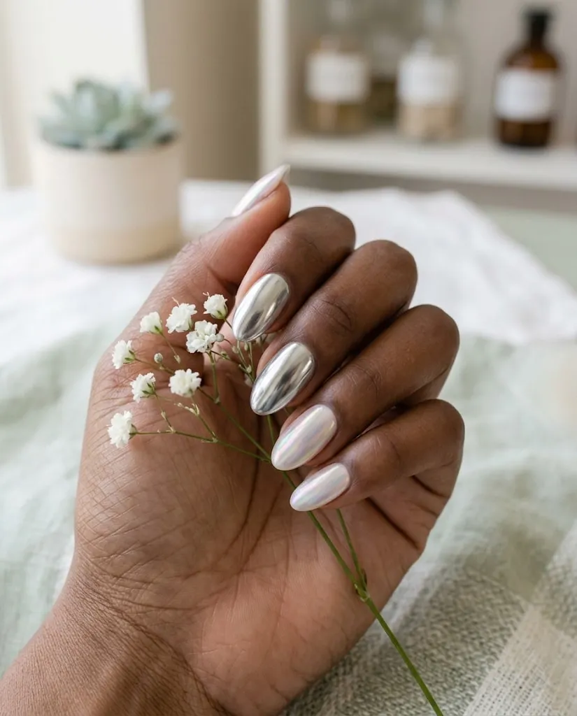 Ongles amande chrome miroir et nacre holographique