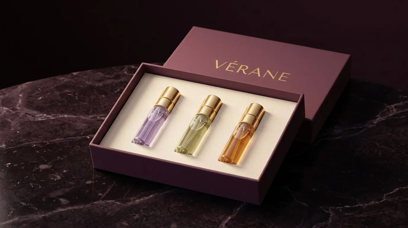 Le coffret découverte ouvert : trois fioles de 2 ml à bouchon doré (violette, vert doré, ambre) dans une boîte prune marquée Vérane