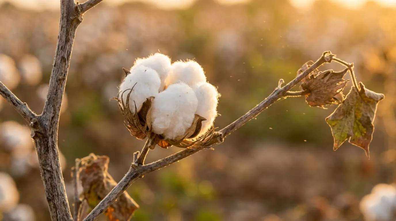 Une fleur de coton ouverte sur sa tige sèche, dans un champ au soleil couchant
