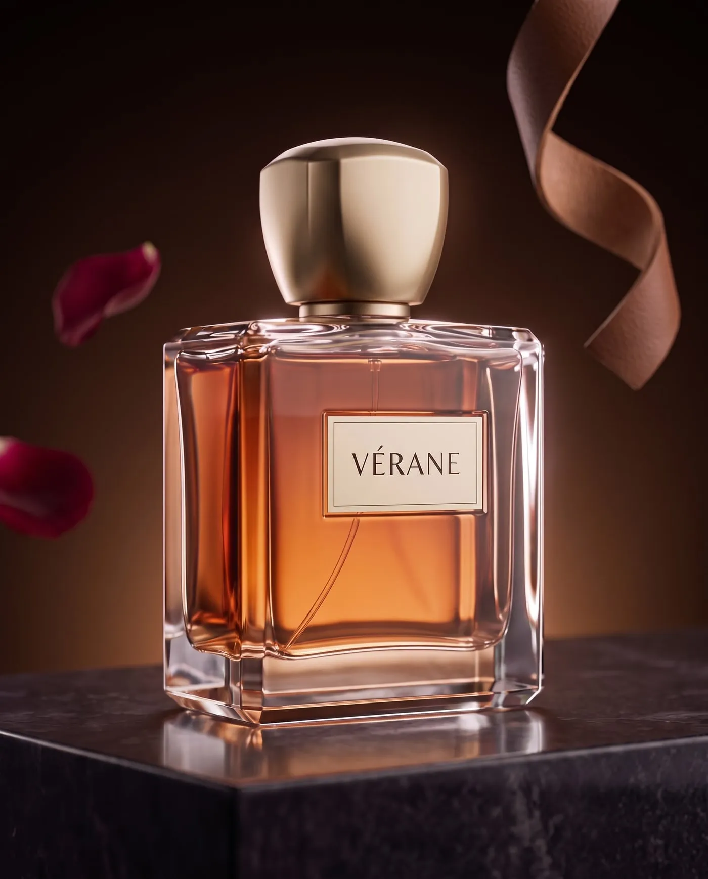 Le flacon de Cuir Garonne, parfum ambré couleur cognac et bouchon doré, sur une pierre sombre, devant un fond brun tabac, avec des pétales de rose et un ruban de cuir