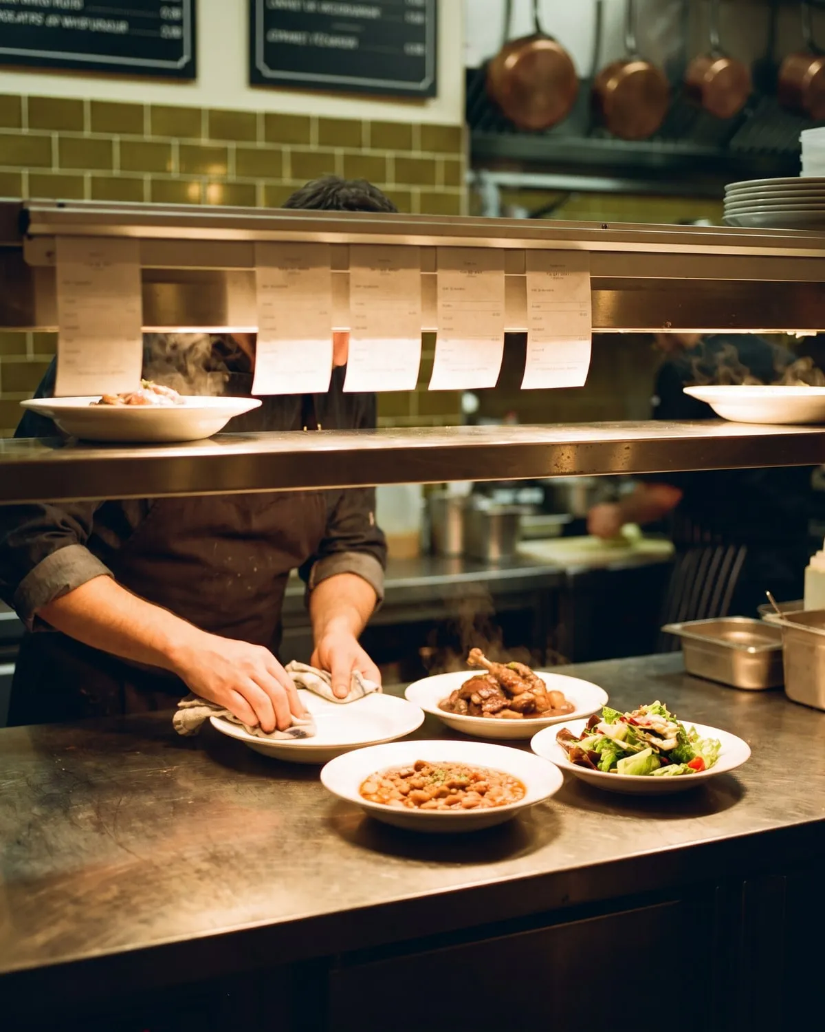 Le passe de la cuisine : assiettes dressées sous la lampe, mains qui essuient un bord, vapeur