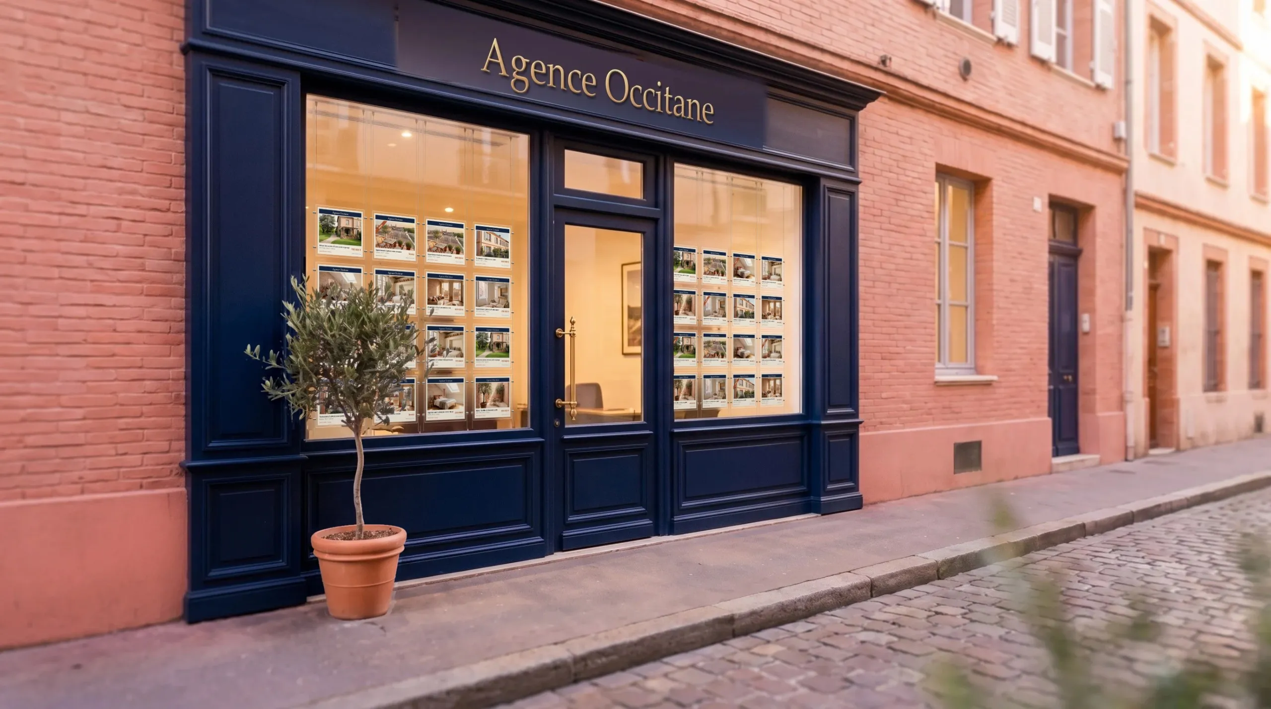 La vitrine de l’Agence Occitane, façade en brique rose et boiseries bleu nuit, vue depuis le trottoir