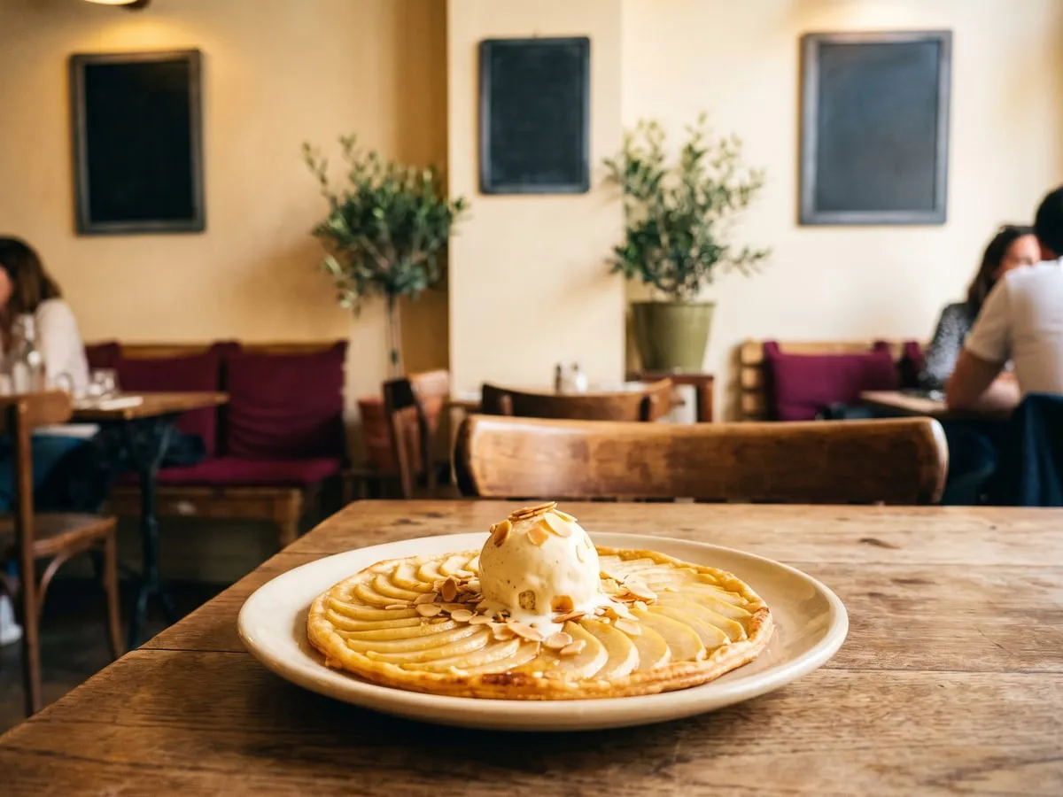 Une tarte fine aux poires dorée, avec une boule de glace au miel qui commence à fondre
