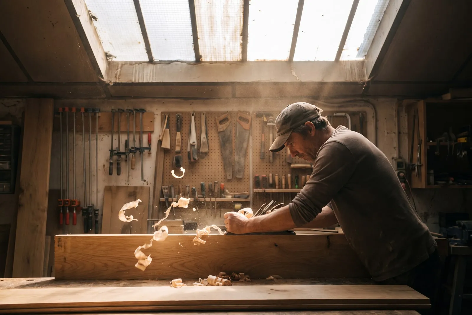 Un artisan penché sur un établi, copeaux de bois dans la lumière rasante d’une verrière