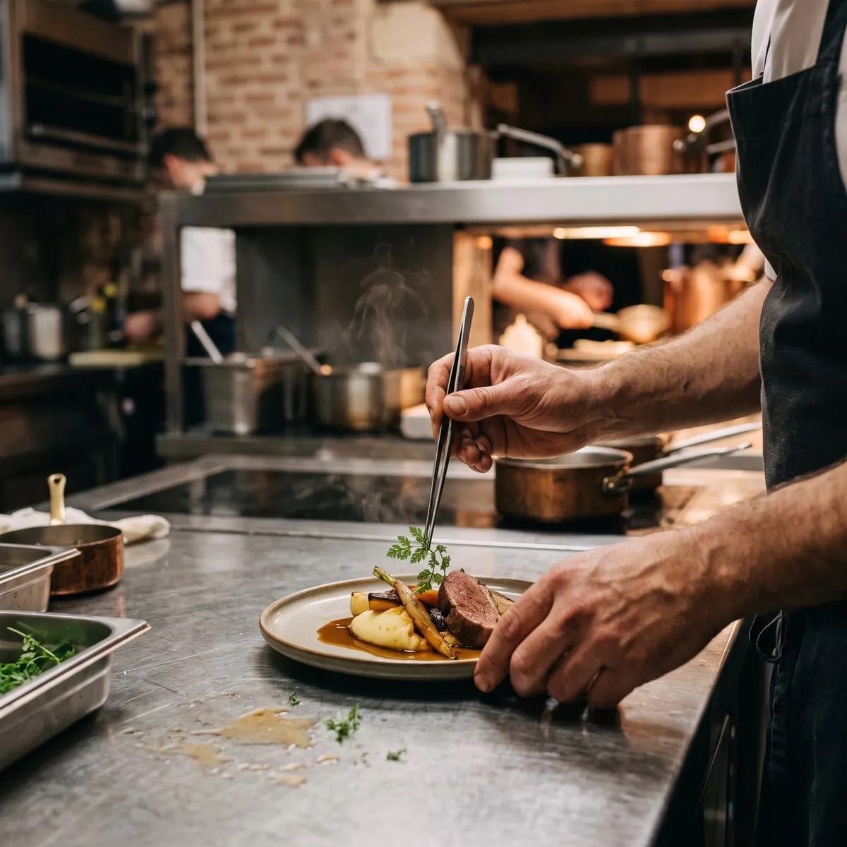 Les mains d’une cheffe qui dressent une assiette, en plan serré, vapeur et inox