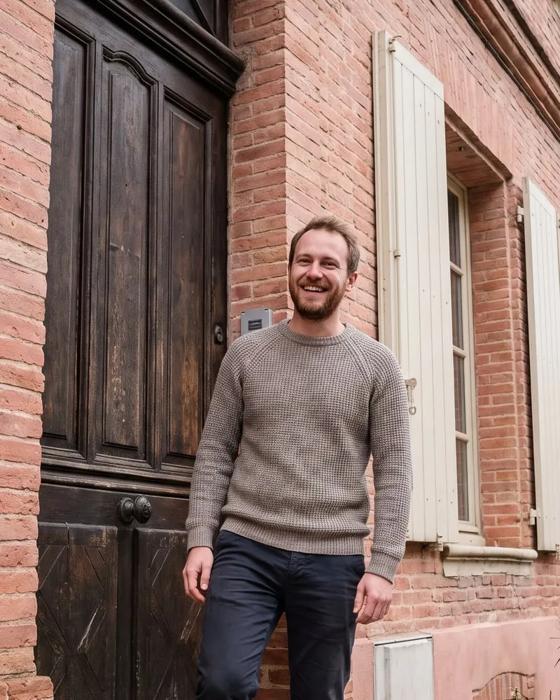 Hugo, la trentaine, pull gris chaud, souriant sur le pas d’une porte ancienne