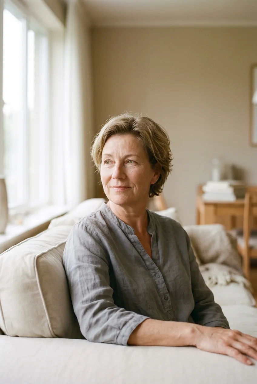 Claire Vidal assise, le regard tourné vers la lumière.