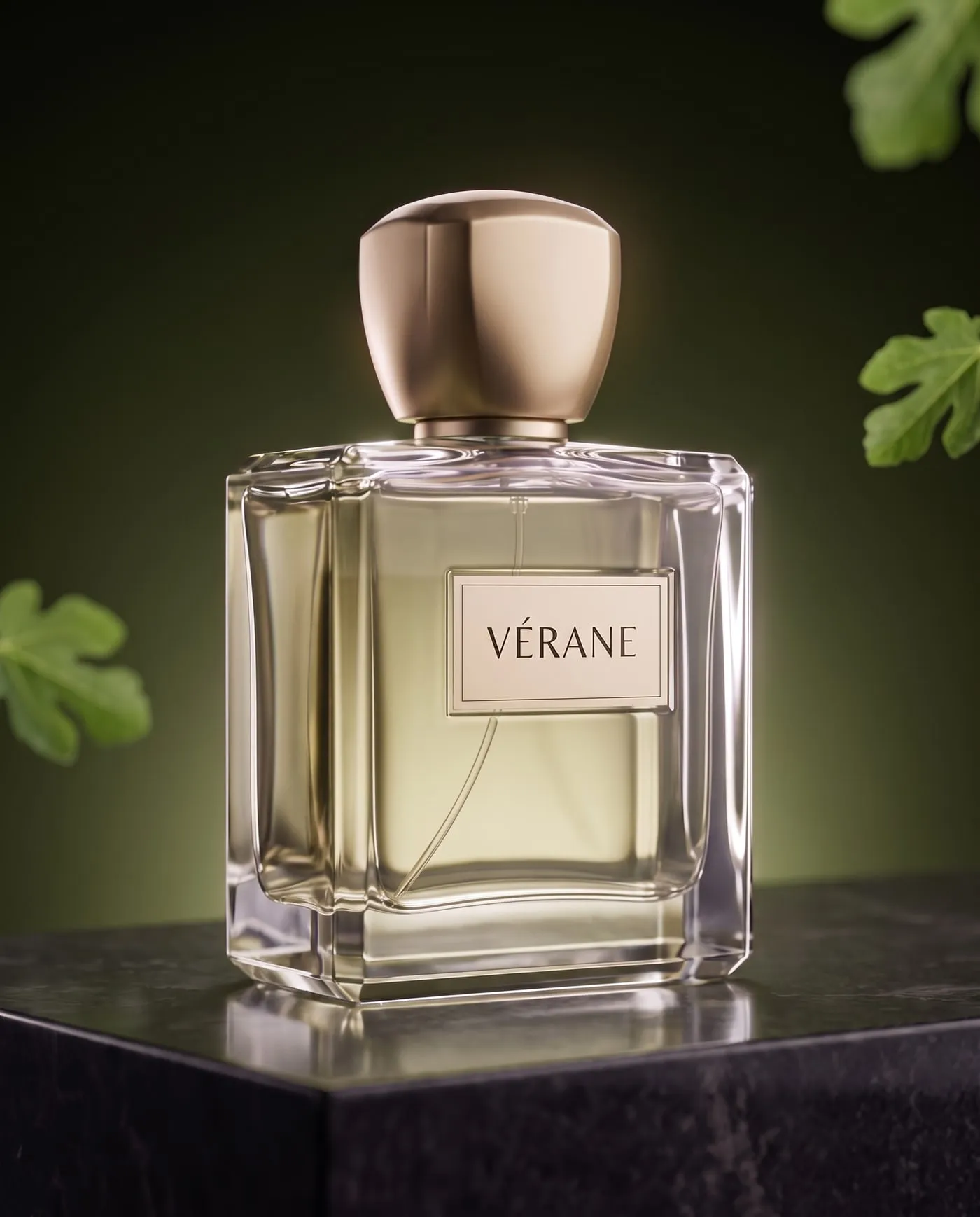 Le flacon de Figue d’Été, parfum vert doré et bouchon doré, sur une pierre sombre, des feuilles de figuier sur un fond vert profond