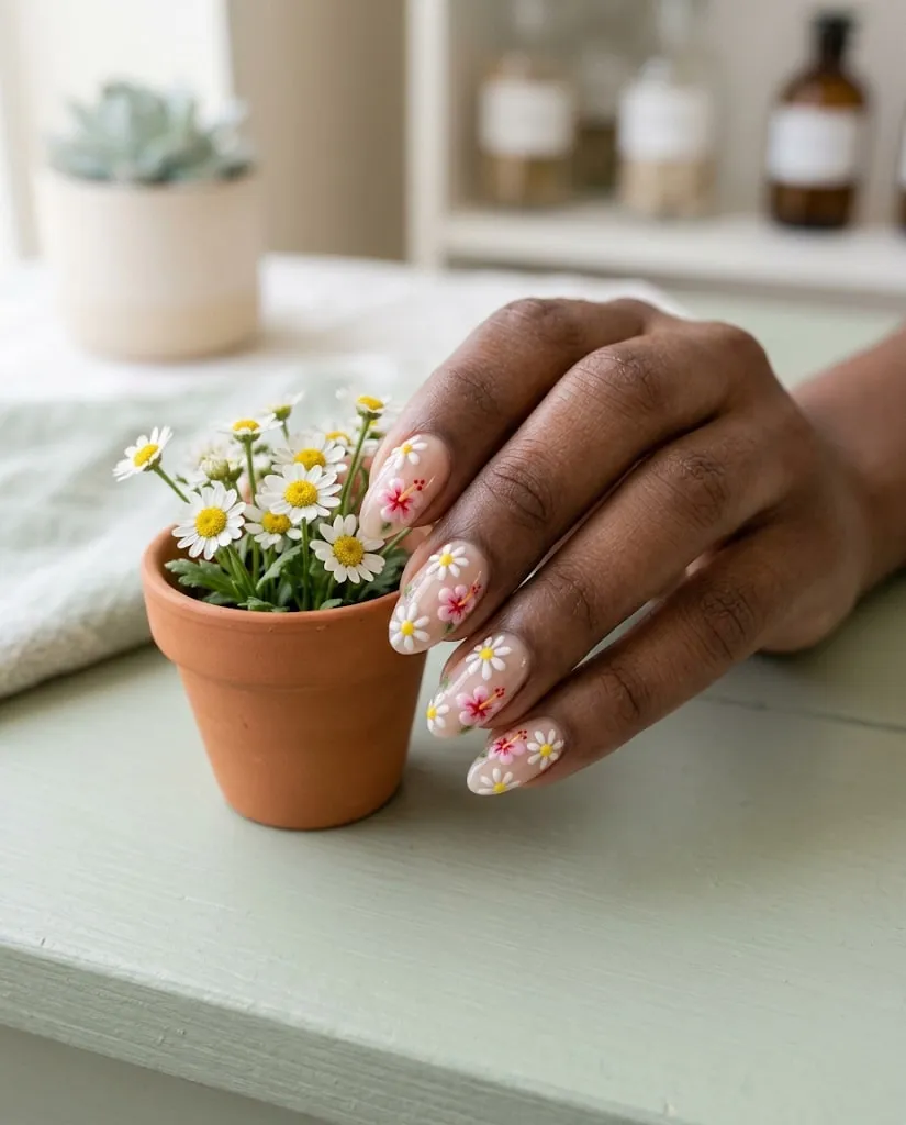 Ongles nude avec marguerites blanches et hibiscus roses en relief