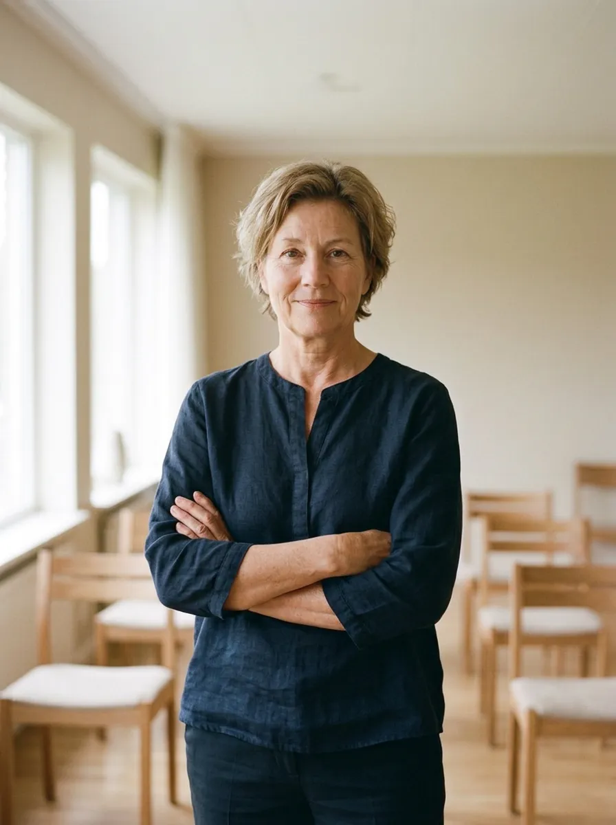 Claire Vidal, formatrice, debout, les bras croisés.
