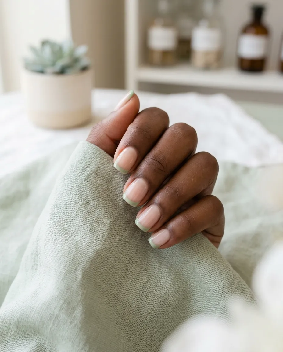 Ongles carrés courts avec une fine french vert sauge