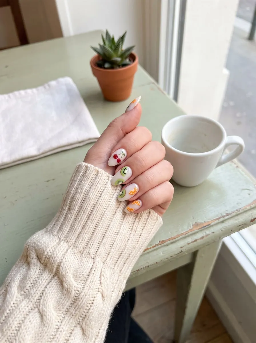 Ongles ovales base laiteuse avec cerises, kiwis et oranges en relief