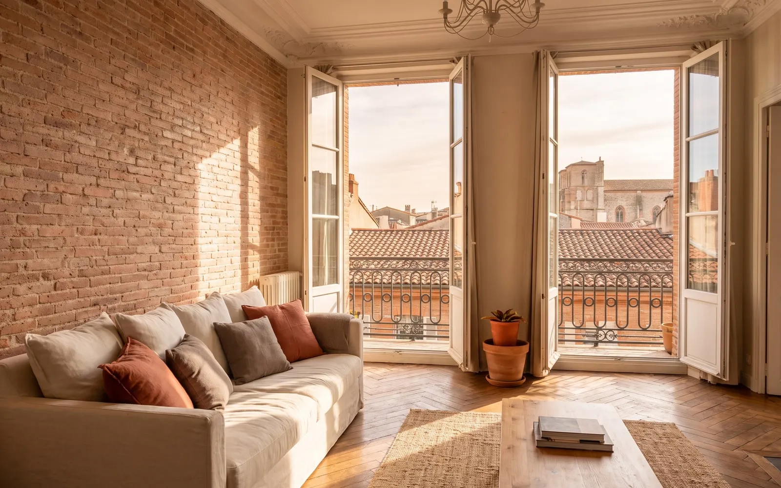 Séjour lumineux avec parquet à chevrons, mur de brique rose et grandes fenêtres donnant sur les toits