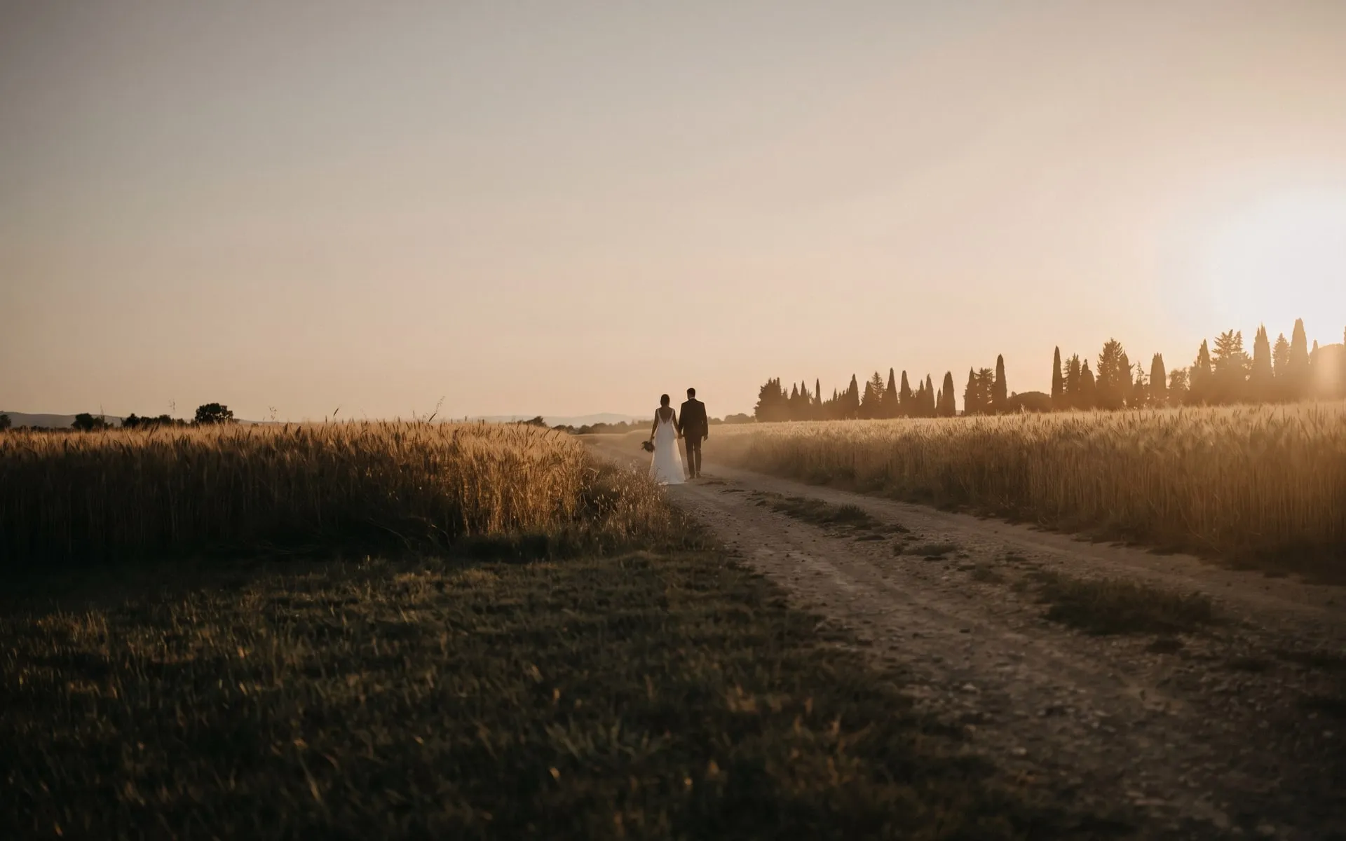 Des mariés vus de loin, de dos, sur un chemin entre les blés au soleil couchant