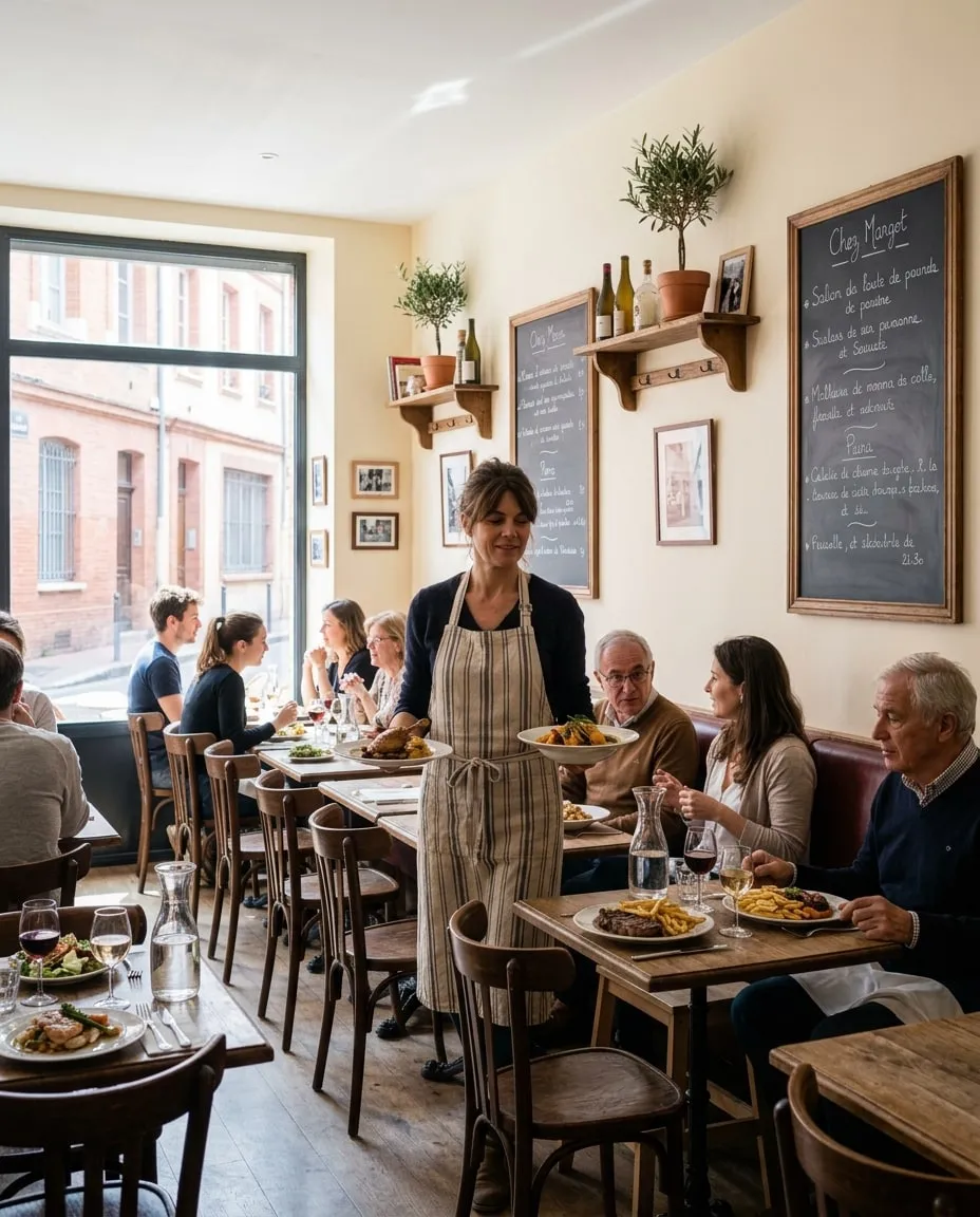 Le service du midi : toutes les tables sont prises, Margot apporte deux assiettes