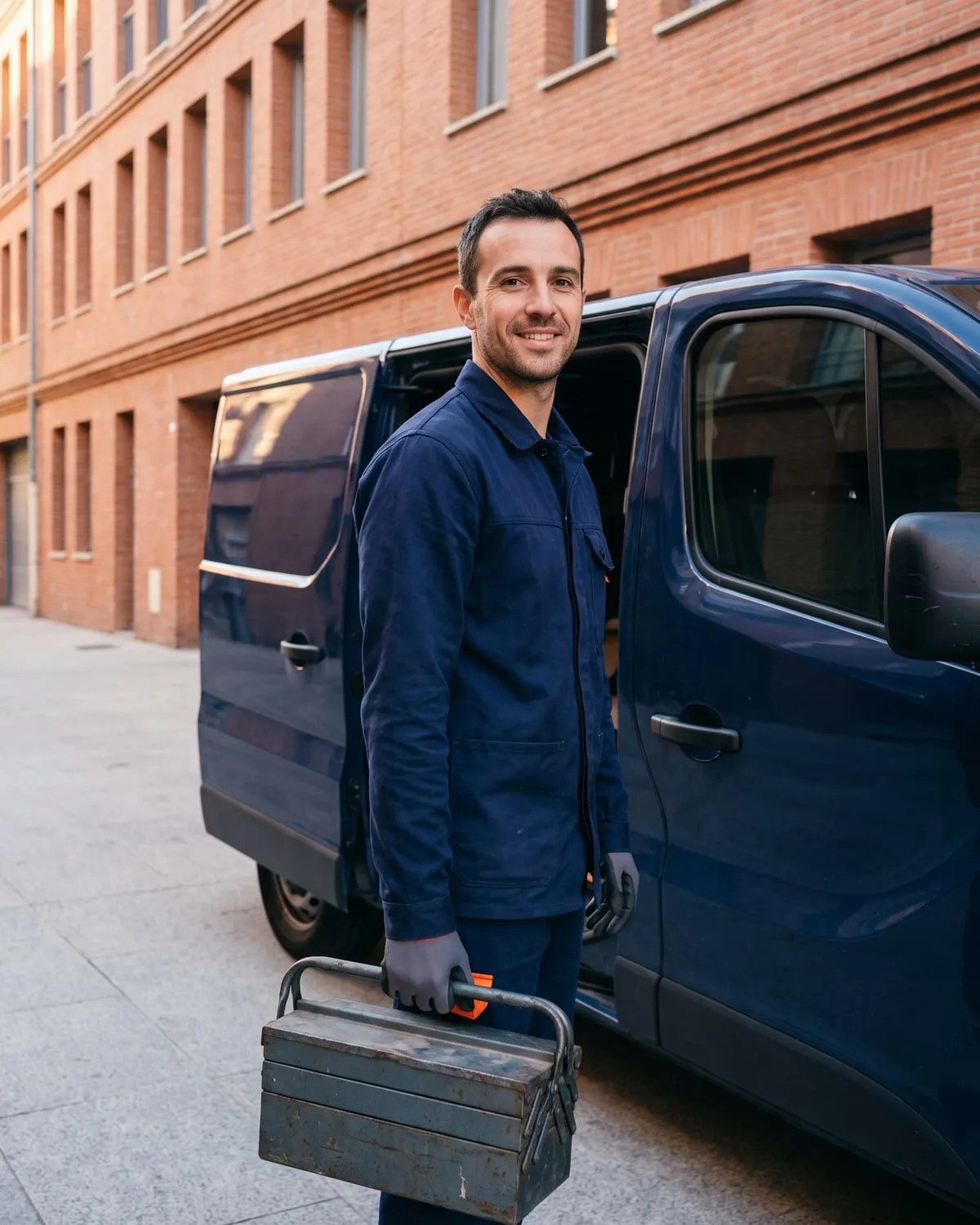 Lucas Rivière, plombier-chauffagiste, souriant devant son camion, caisse à outils à la main
