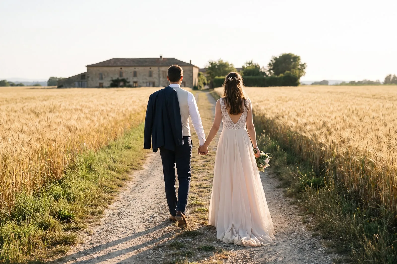 Des mariés qui s’éloignent sur un chemin entre les blés, de dos, au soleil couchant