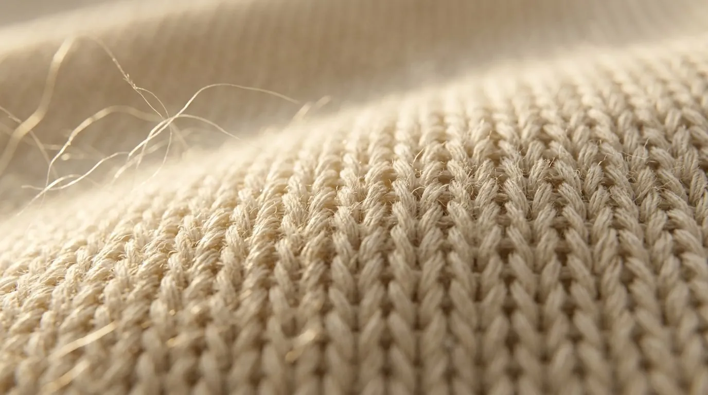 Gros plan sur la maille du jersey écru : des boucles de fil serrées et régulières, quelques fibres de coton qui s’échappent