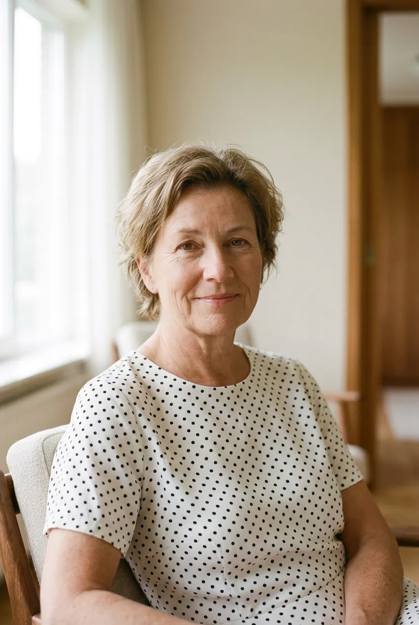 Claire Vidal, détendue, en robe blanche à pois.