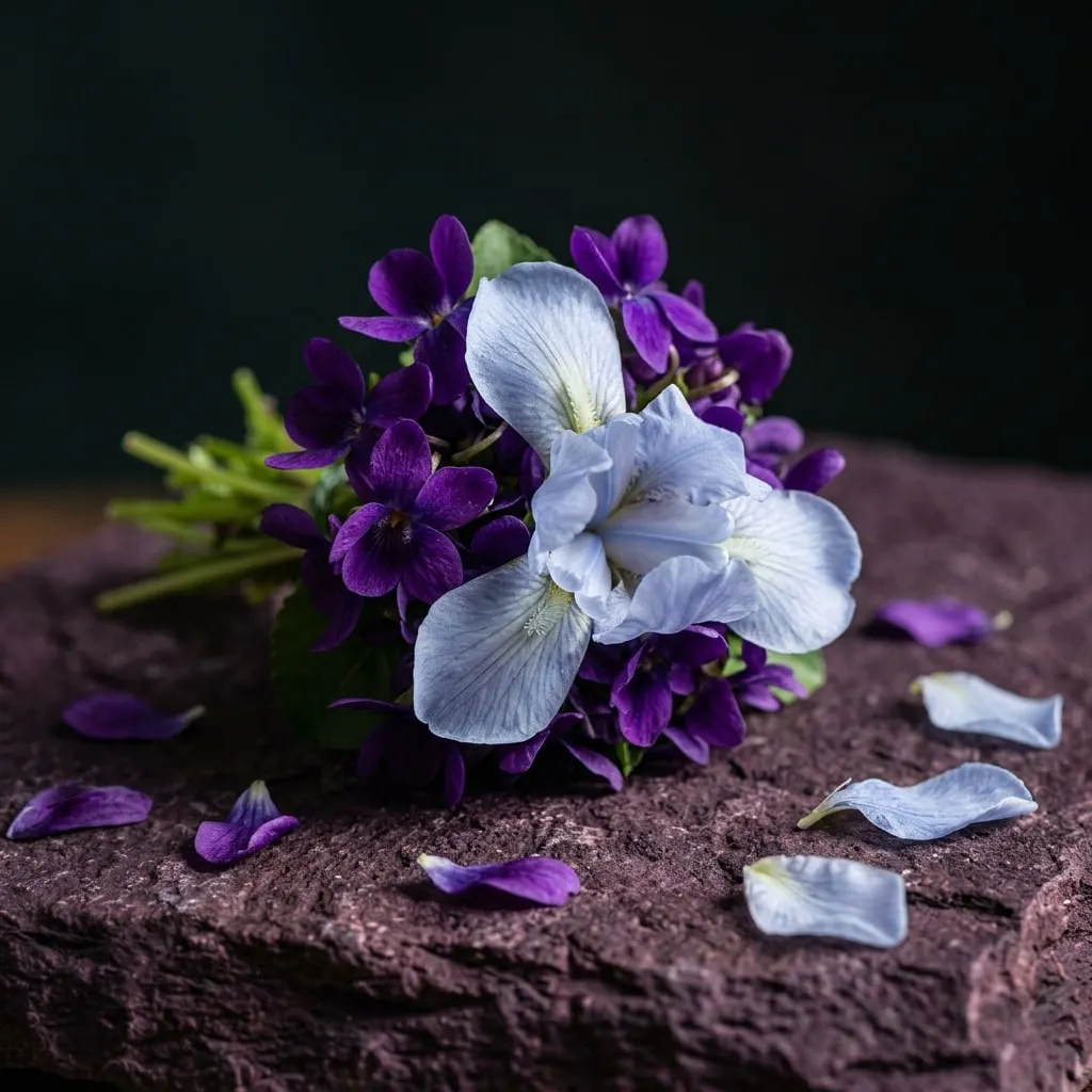 Un petit bouquet de violettes de Toulouse et une fleur d’iris bleu pâle sur une pierre prune