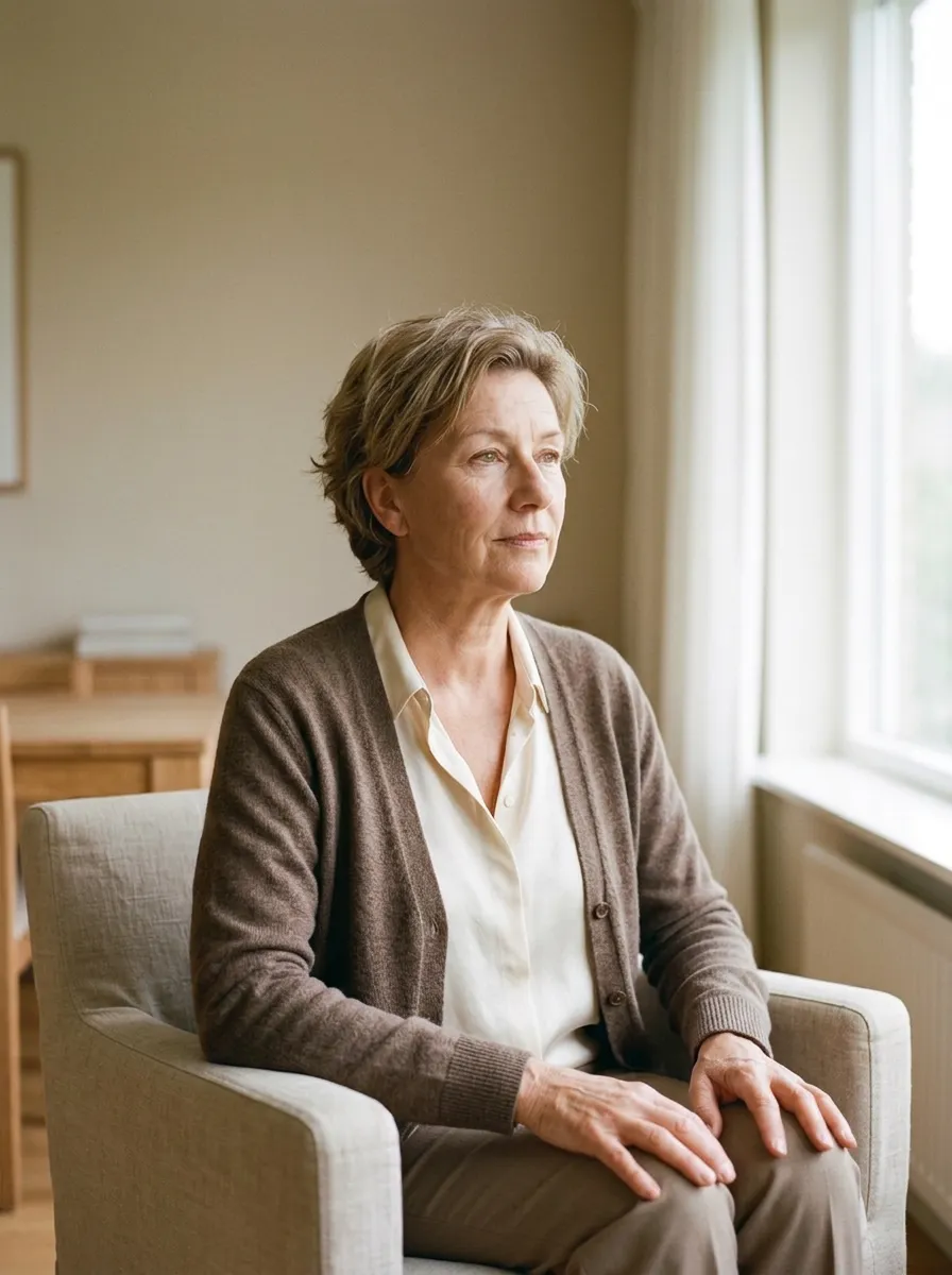 Portrait de Claire Vidal, assise, le regard de côté.