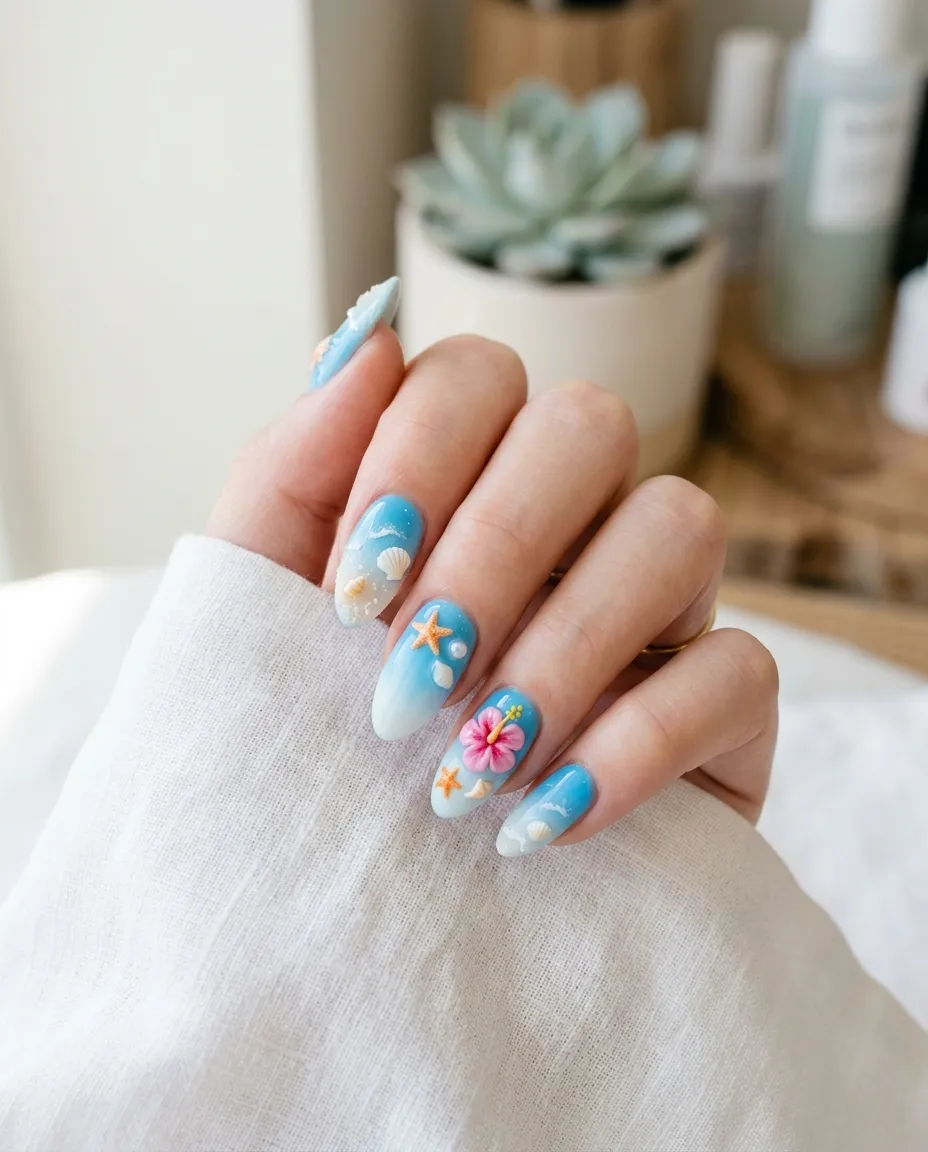 Ongles amande bleu ciel avec coquillages en relief, étoile de mer et hibiscus