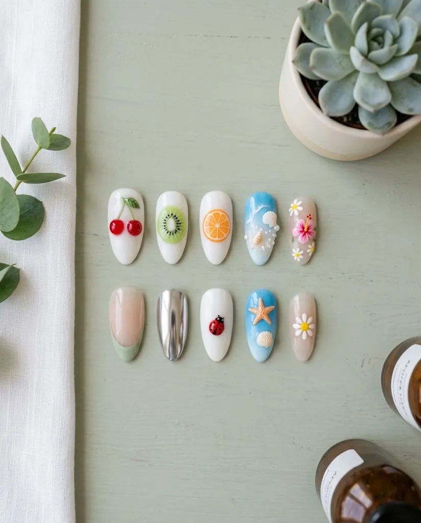 Dix ongles posés sur une table, chacun avec un nail art différent