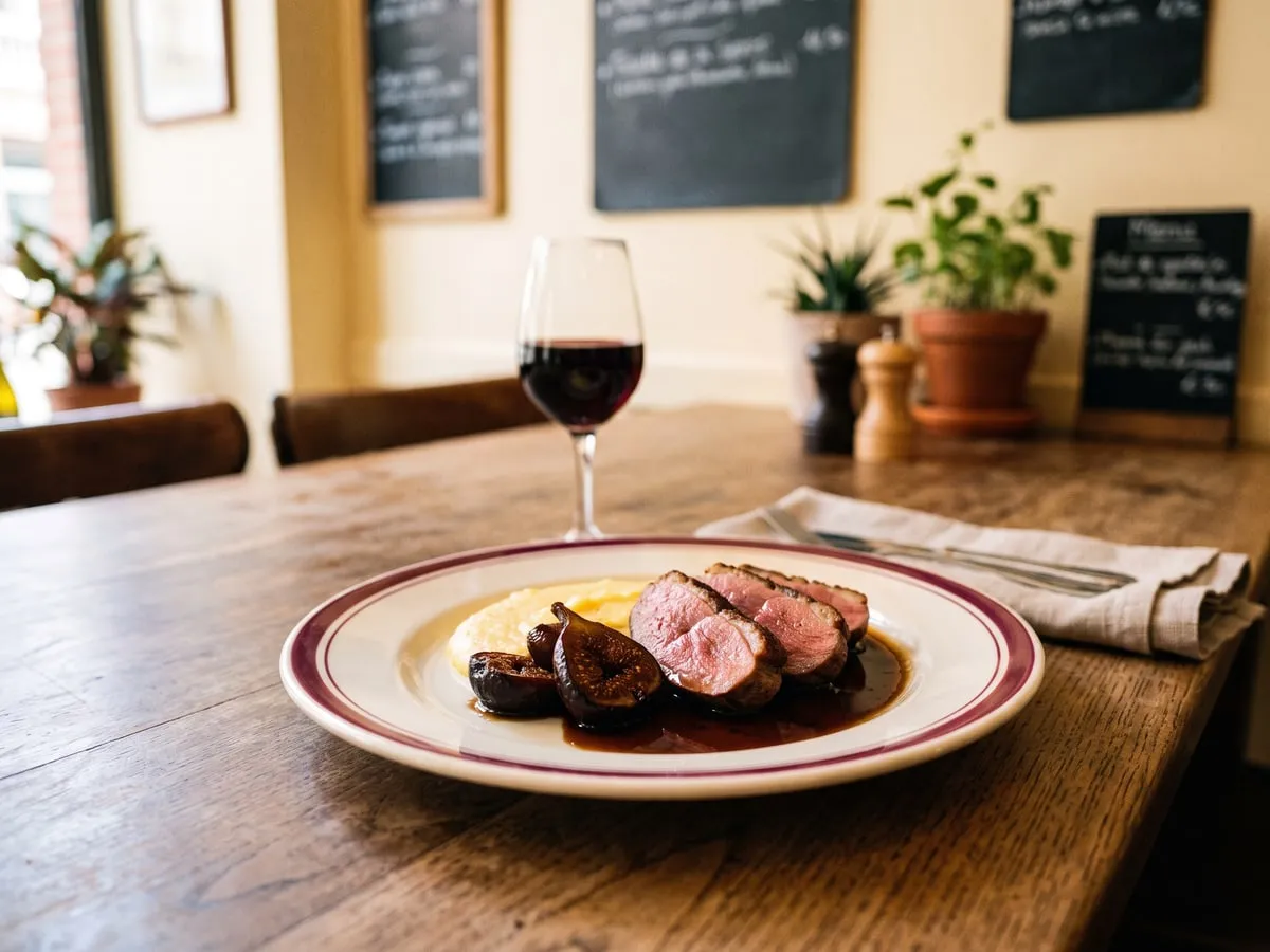 Un magret de canard rosé tranché, avec des figues rôties et une polenta crémeuse