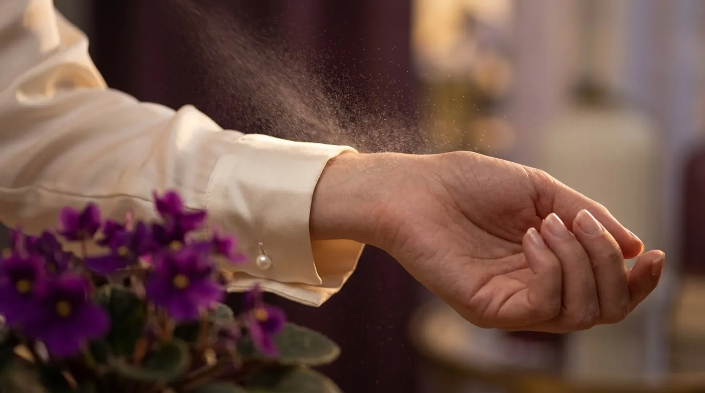 Un poignet qui reçoit une brume de parfum, manche de soie crème, des violettes au premier plan