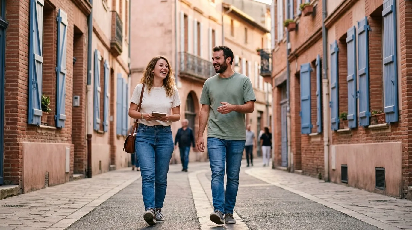 Deux amis qui marchent en riant dans une rue de Toulouse en brique rose, volets bleus : elle en t-shirt écru, lui en t-shirt sauge