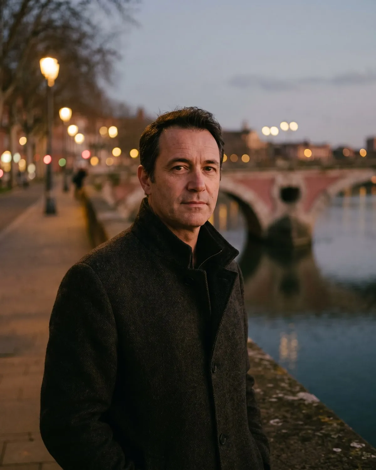 Portrait d’un homme en manteau sombre, regard vers l’objectif, la Garonne floue derrière lui