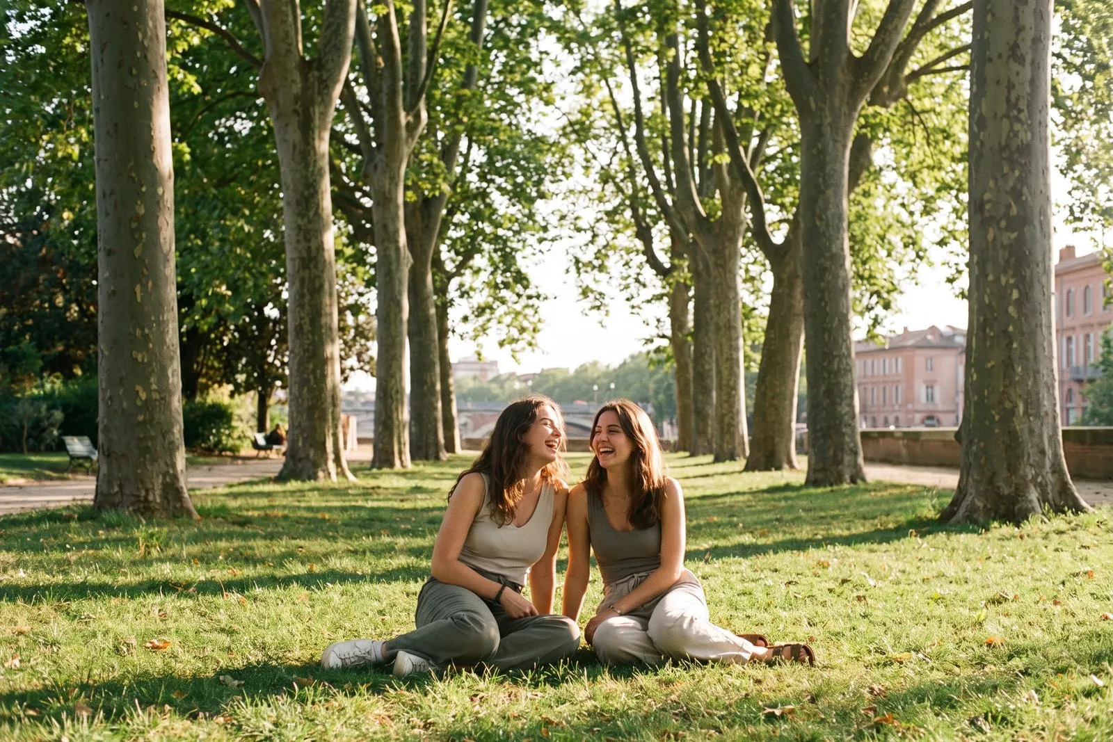 Deux jeunes femmes qui rient, assises dans l’herbe, en plan large sous des arbres