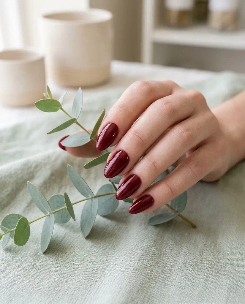 Ongles amande rouge profond laqué
