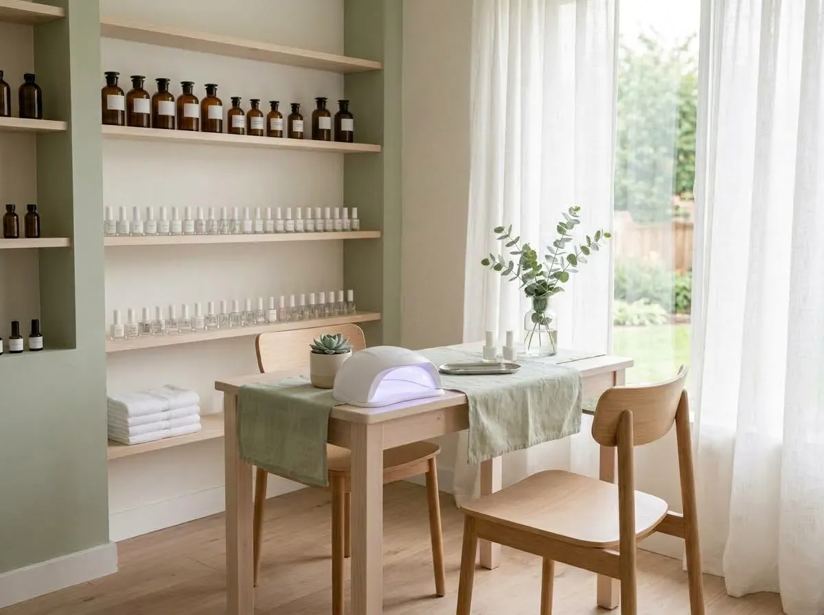 Le salon : une table de manucure en bois près d’une grande fenêtre, des plantes, des murs blancs et vert sauge